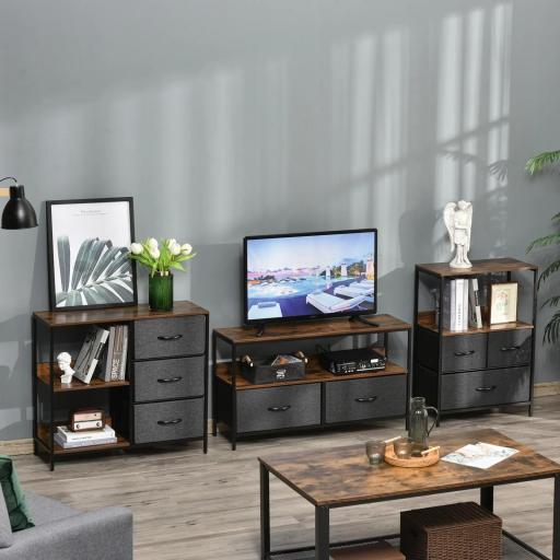 Cómoda Cajonera de Tela con 3 Cajones Plegables y 2 Estantes Estilo Industrial para Dormitorio Salón Pasillo 80x29x71 cm Marrón Rústico y Gris Oscuro [7]