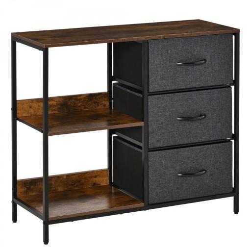 Cómoda Cajonera de Tela con 3 Cajones Plegables y 2 Estantes Estilo Industrial para Dormitorio Salón Pasillo 80x29x71 cm Marrón Rústico y Gris Oscuro [8]