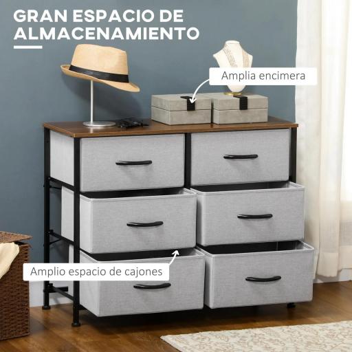Cómoda Cajonera con 6 Cajones de Tela Plegable Marco de Acero y Almohadillas Ajustables 80x30x62,5 cm Gris y Marrón [2]