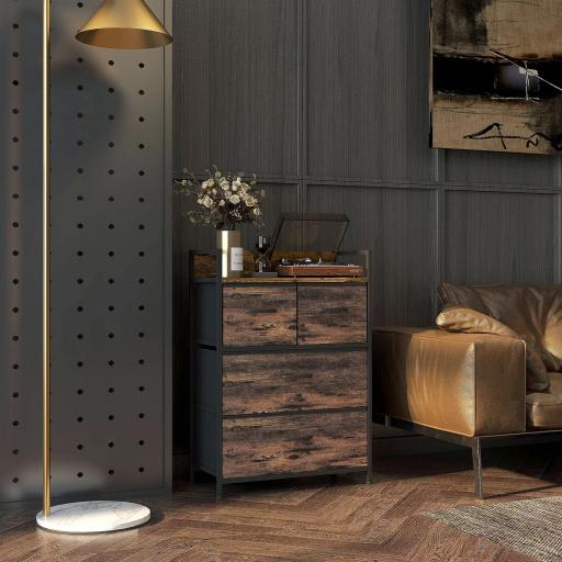 Cajonera de Tela con 4 Cajones Plegables y Marco de Acero Estilo Industrial para Salón 60x29x85 cm Marrón Rústico