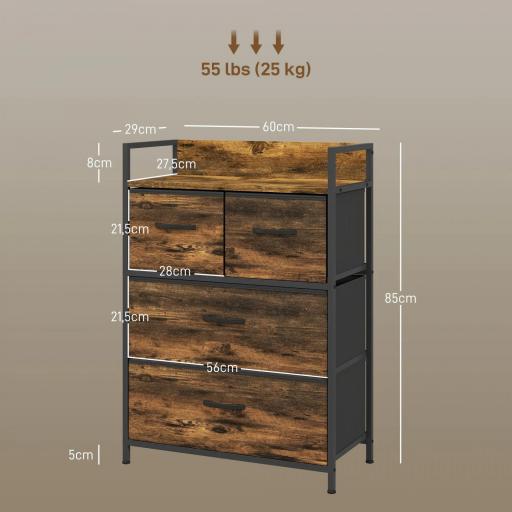 Cajonera de Tela con 4 Cajones Plegables y Marco de Acero Estilo Industrial para Salón 60x29x85 cm Marrón Rústico [1]