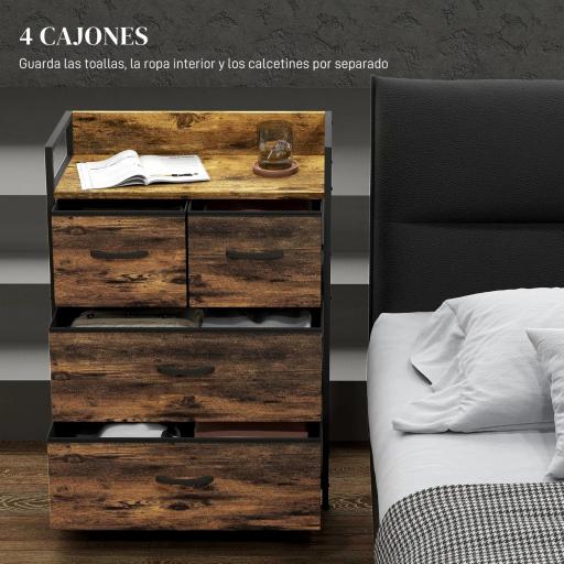 Cajonera de Tela con 4 Cajones Plegables y Marco de Acero Estilo Industrial para Salón 60x29x85 cm Marrón Rústico [3]
