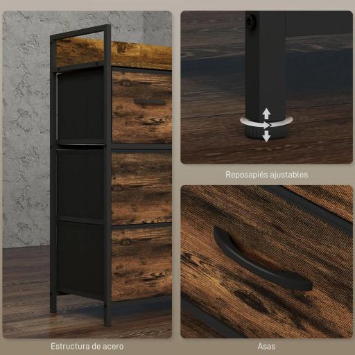Cajonera de Tela con 4 Cajones Plegables y Marco de Acero Estilo Industrial para Salón 60x29x85 cm Marrón Rústico [7]