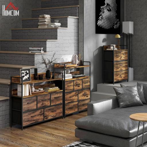 Cajonera de Tela con 4 Cajones Plegables y Marco de Acero Estilo Industrial para Salón 60x29x85 cm Marrón Rústico [2]