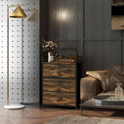 Cajonera de Tela con 4 Cajones Plegables y Marco de Acero Estilo Industrial para Salón 60x29x85 cm Marrón Rústico [6]