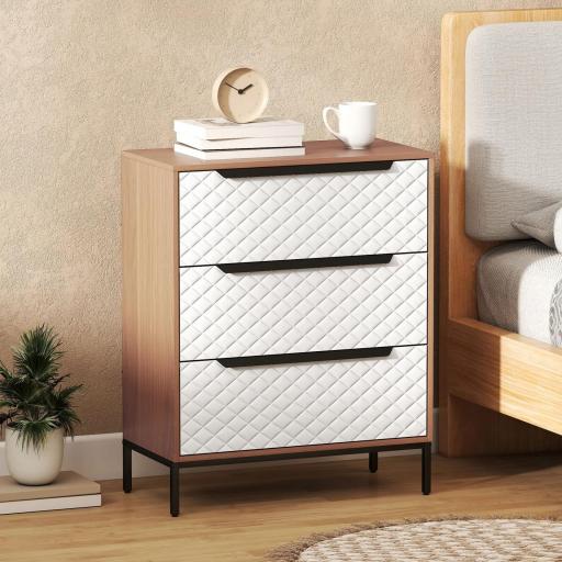 Cómoda con 3 Cajones de Tela Frentes con Patrón de Diamante para Salón Oficina Vestidor Natural y Blanco [0]
