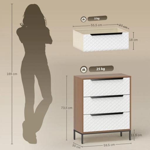 Cómoda con 3 Cajones de Tela Frentes con Patrón de Diamante para Salón Oficina Vestidor Natural y Blanco [1]