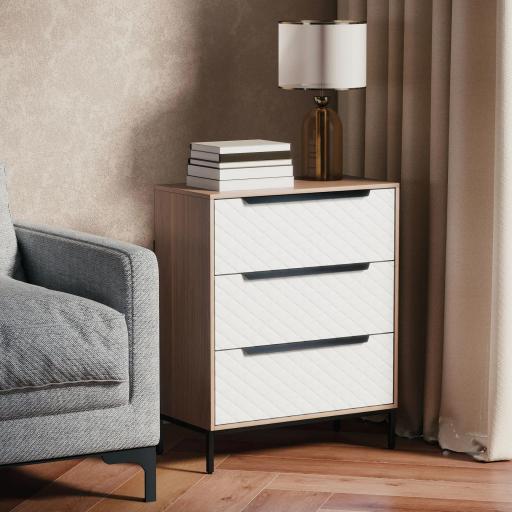 Cómoda con 3 Cajones de Tela Frentes con Patrón de Diamante para Salón Oficina Vestidor Natural y Blanco [6]