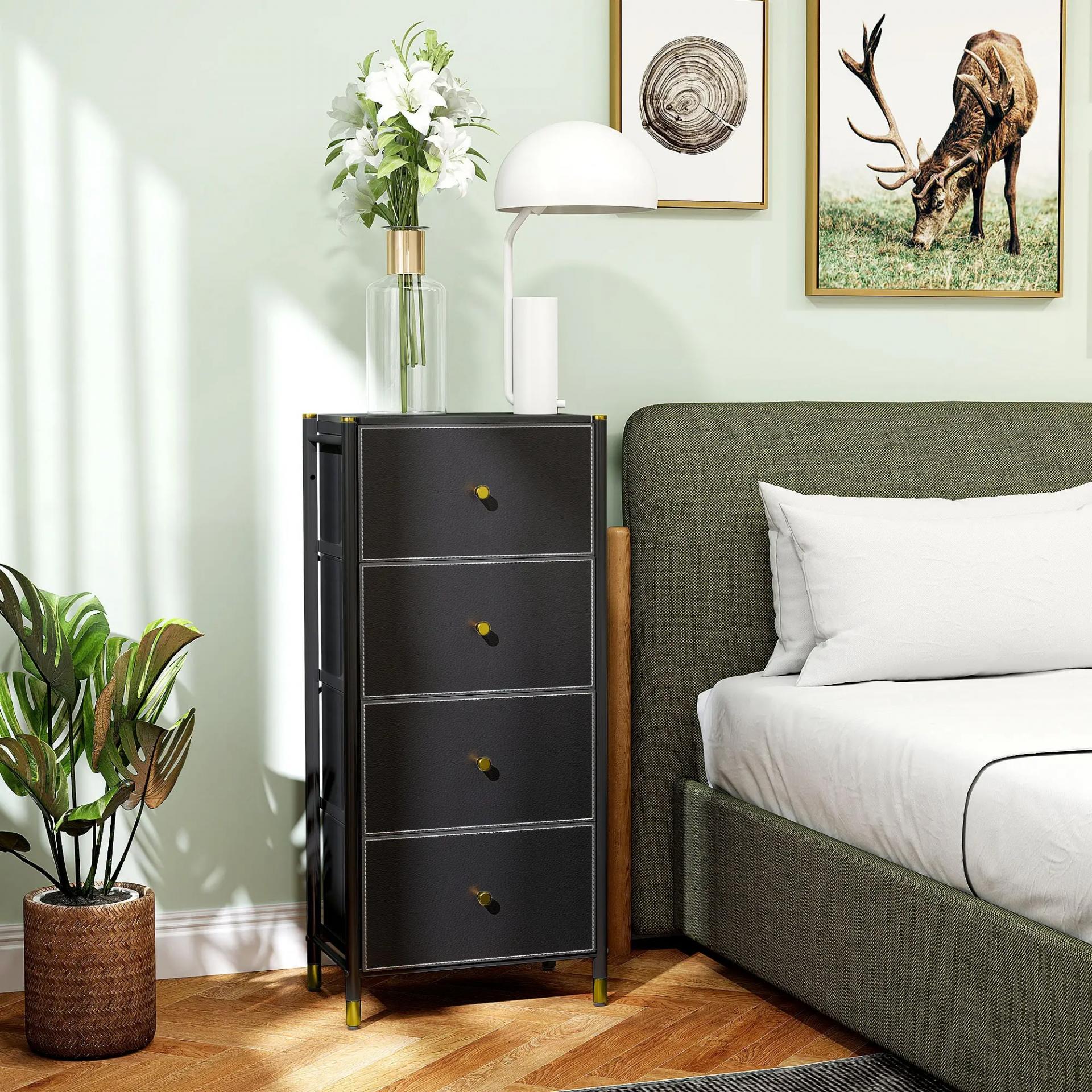 Cajonera de Tela con 4 Cajones Plegables con Frentes de PU y Marco de Acero Cajonera para Dormitorio Salón Negro