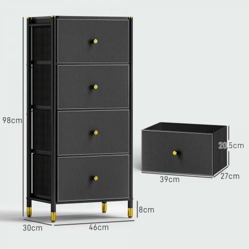 Cajonera de Tela con 4 Cajones Plegables con Frentes de PU y Marco de Acero Cajonera para Dormitorio Salón Negro [1]