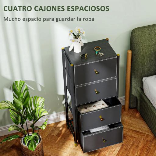 Cajonera de Tela con 4 Cajones Plegables con Frentes de PU y Marco de Acero Cajonera para Dormitorio Salón Negro [2]