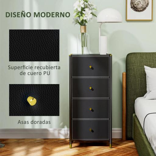 Cajonera de Tela con 4 Cajones Plegables con Frentes de PU y Marco de Acero Cajonera para Dormitorio Salón Negro [4]