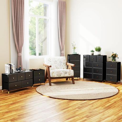 Cajonera de Tela con 4 Cajones Plegables con Frentes de PU y Marco de Acero Cajonera para Dormitorio Salón Negro [6]