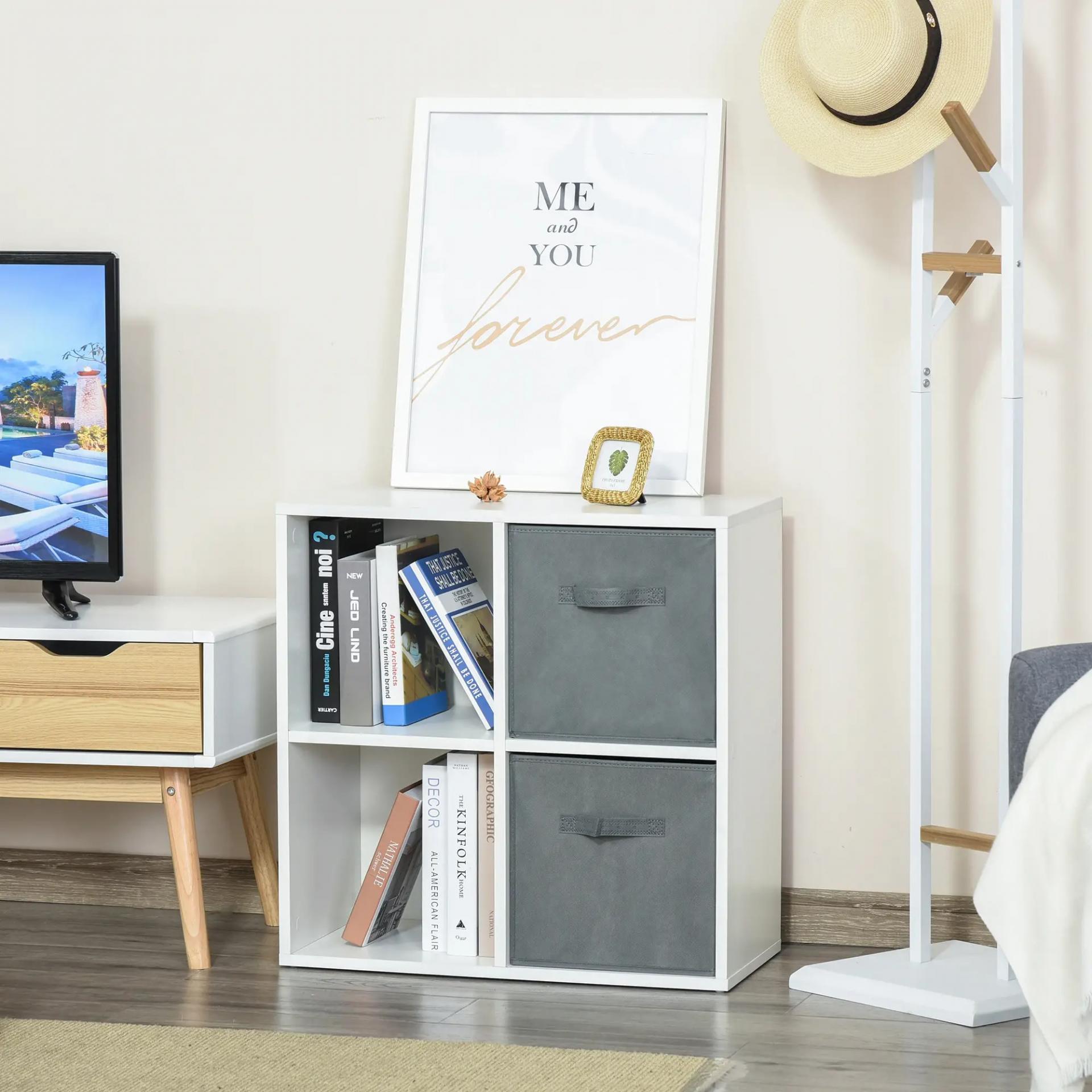 Estantería para Libros de 4 Cubos Librería Modular con 2 Cajones Extraíbles de Tela no Tejida para Oficina Estudio Dormitorio 61,5x30x61,5 cm Blanco y Gris