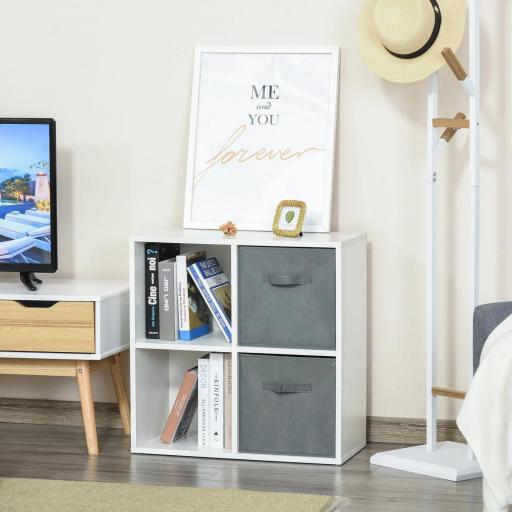 Estantería para Libros de 4 Cubos Librería Modular con 2 Cajones Extraíbles de Tela no Tejida para Oficina Estudio Dormitorio 61,5x30x61,5 cm Blanco y Gris