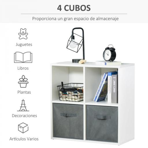 Estantería para Libros de 4 Cubos Librería Modular con 2 Cajones Extraíbles de Tela no Tejida para Oficina Estudio Dormitorio 61,5x30x61,5 cm Blanco y Gris [1]