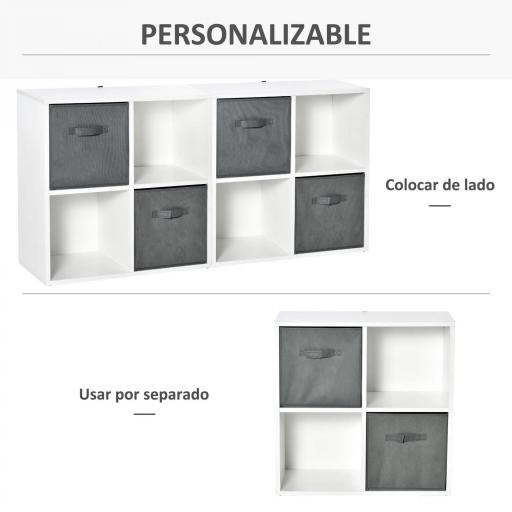 Estantería para Libros de 4 Cubos Librería Modular con 2 Cajones Extraíbles de Tela no Tejida para Oficina Estudio Dormitorio 61,5x30x61,5 cm Blanco y Gris [5]