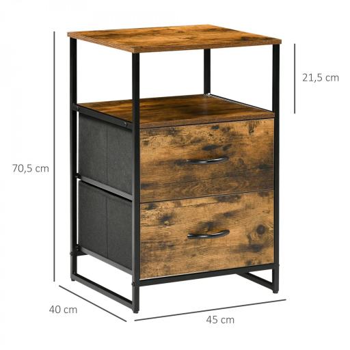 Mesita Auxiliar de Estilo Industrial con Cajones de Tela Plegables y Estante Abierto 45x40x70,5 cm Marrón Rústico [1]