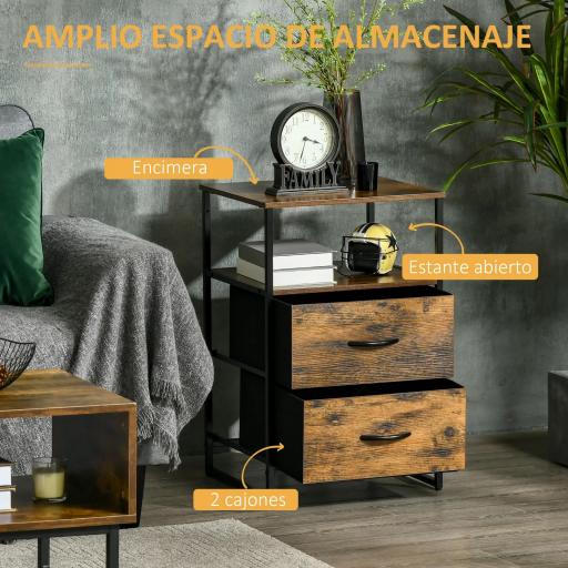 Mesita Auxiliar de Estilo Industrial con Cajones de Tela Plegables y Estante Abierto 45x40x70,5 cm Marrón Rústico [2]
