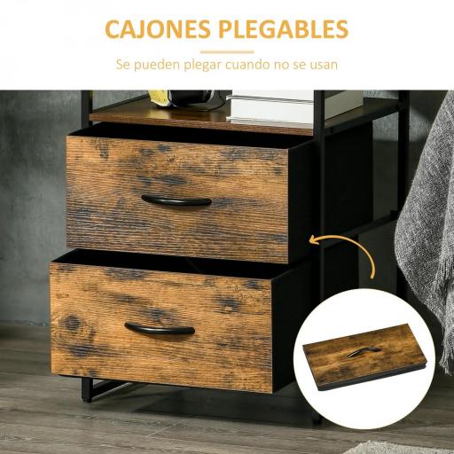 Mesita Auxiliar de Estilo Industrial con Cajones de Tela Plegables y Estante Abierto 45x40x70,5 cm Marrón Rústico [3]