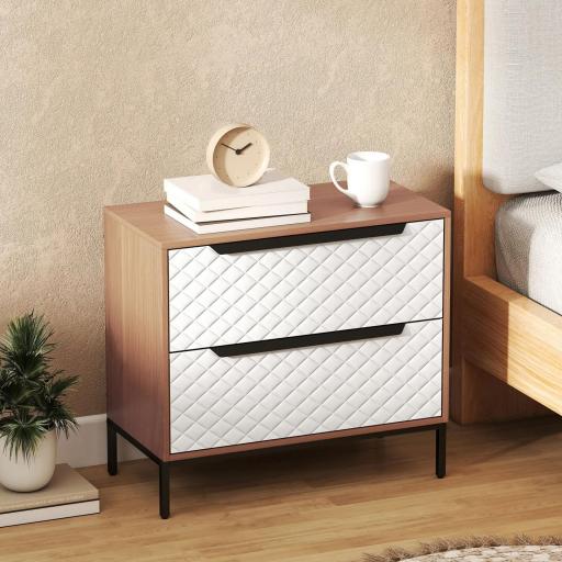 Cómoda con 2 Cajones de Tela Frentes con Patrón de Diamante para Salón Oficina Vestidor Natural y Blanco