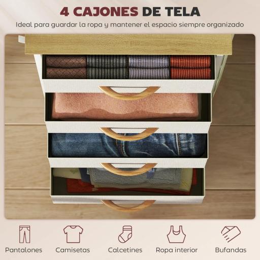 Cajonera de Tela Cómoda con 4 Cajones 4 Bolsillos Laterales 2 Ganchos y Estructura de Acero Beige [2]