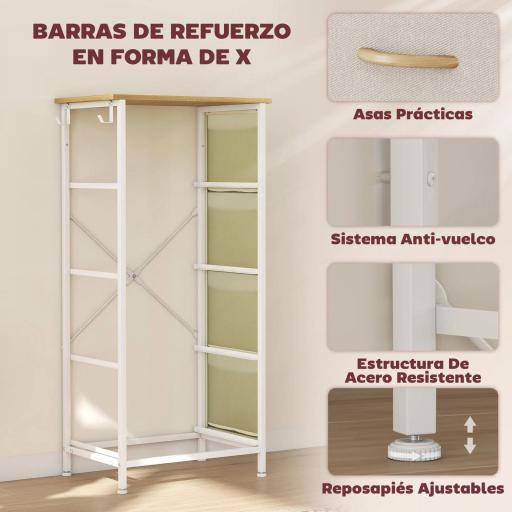 Cajonera de Tela Cómoda con 4 Cajones 4 Bolsillos Laterales 2 Ganchos y Estructura de Acero Beige [5]