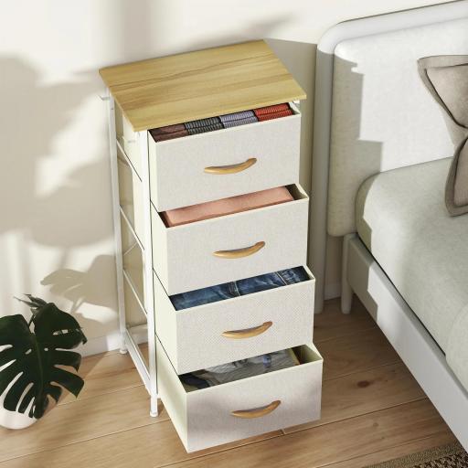 Cajonera de Tela Cómoda con 4 Cajones 4 Bolsillos Laterales 2 Ganchos y Estructura de Acero Beige [6]