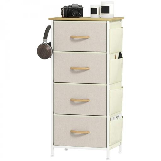 Cajonera de Tela Cómoda con 4 Cajones 4 Bolsillos Laterales 2 Ganchos y Estructura de Acero Beige [9]