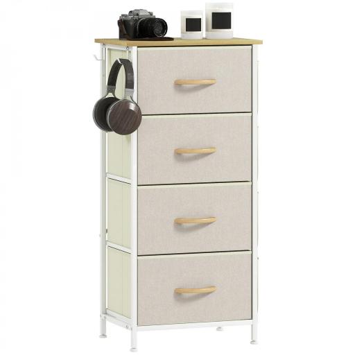 Cajonera de Tela Cómoda con 4 Cajones 4 Bolsillos Laterales 2 Ganchos y Estructura de Acero Beige [8]
