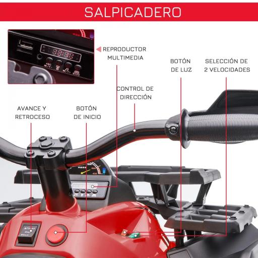 Quad Eléctrico 12V para Niños +3 Años con 2 Motores Faros Música Neumáticos de Suspensión Botones Avance y Retroceso Vehículo Eléctrico a Batería 100x65x73 cm Rojo [3]