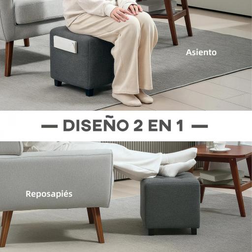 Reposapiés de Salón Taburete Bajo Tapizado en Lino con Bolsillo Lateral y Tapa con Botones Acolchados Gris [4]