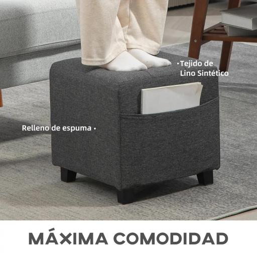 Reposapiés de Salón Taburete Bajo Tapizado en Lino con Bolsillo Lateral y Tapa con Botones Acolchados Gris [5]