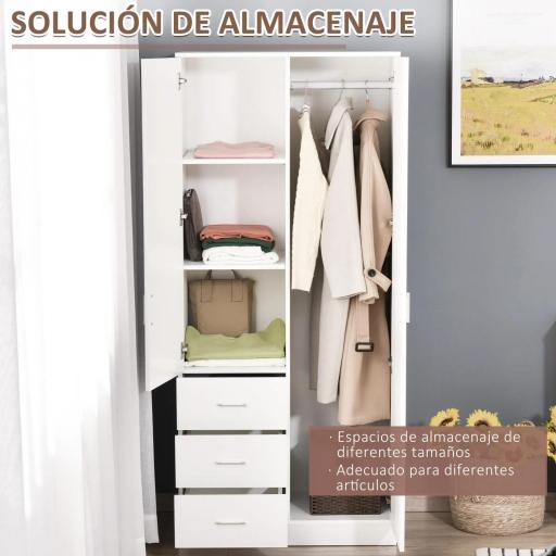Armario Ropero de 2 Puertas con Espejo 3 Cajones Estantes Ajustables y Barra para Colgar Incluida 80x50x180 cm Blanco [1]