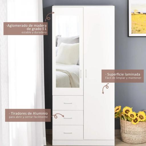 Armario Ropero de 2 Puertas con Espejo 3 Cajones Estantes Ajustables y Barra para Colgar Incluida 80x50x180 cm Blanco [6]