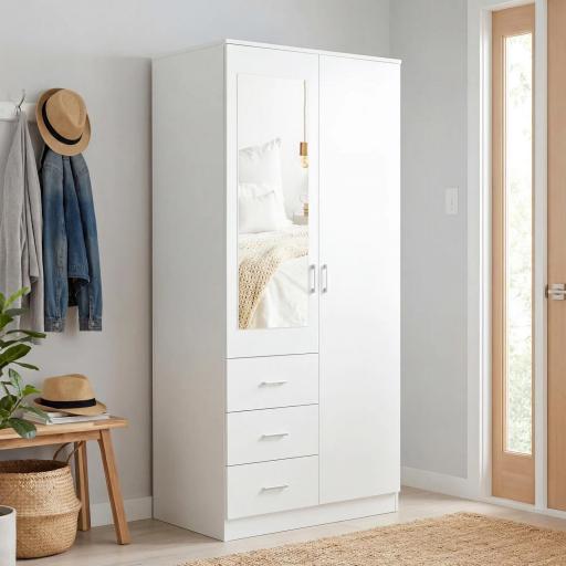 Armario Ropero de 2 Puertas con Espejo 3 Cajones Estantes Ajustables y Barra para Colgar Incluida 80x50x180 cm Blanco [7]