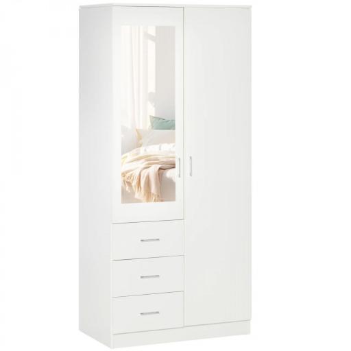 Armario Ropero de 2 Puertas con Espejo 3 Cajones Estantes Ajustables y Barra para Colgar Incluida 80x50x180 cm Blanco [8]