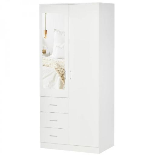 Armario Ropero de 2 Puertas con Espejo 3 Cajones Estantes Ajustables y Barra para Colgar Incluida 80x50x180 cm Blanco [9]