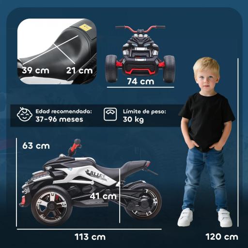 Quad Eléctrico para Niños 12V con 2 Motores Velocidad hasta 5 km/h 3 Ruedas Suspensión Negro y Blanco [2]