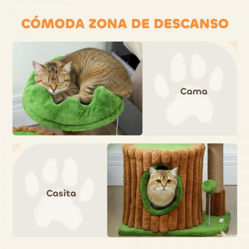 Árbol Rascador para Gatos 53 cm Diseño de Tronco con Casita Cama Poste de Yute Bolas Marrón y Verde [1]