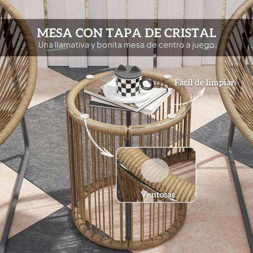Juego de 2 Sillas y Mesa de Ratán con Cojines Acolchados y Encimera de Vidrio para Balcón Terraza Natural [4]