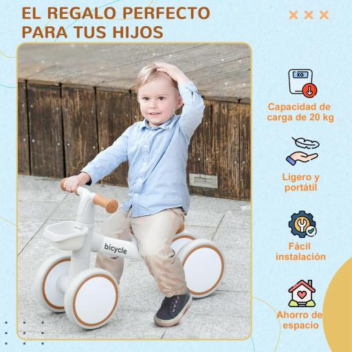 Bicicleta sin Pedales para Niños de 12-36 Meses con Asiento Ajustable Cesta y 4 Ruedas Silenciosas 56x27x39 cm Blanco [1]