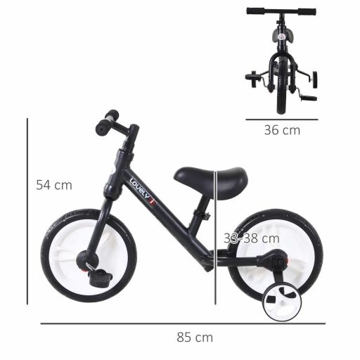 Bicicleta de Equilibrio con Pedales y Ruedas Entrenamiento Extraíbles de Asiento Regulable 33-38cm Niños +24 Meses Carga 25kg Negro [2]