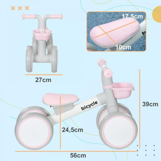 Bicicleta sin Pedales para Niños de 12-36 Meses con Asiento Ajustable Cesta y 4 Ruedas Silenciosas 56x27x39 cm Rosa [2]