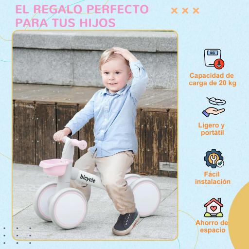 Bicicleta sin Pedales para Niños de 12-36 Meses con Asiento Ajustable Cesta y 4 Ruedas Silenciosas 56x27x39 cm Rosa [5]
