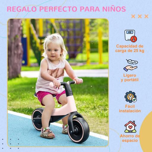 Bicicleta sin Pedales para Niños de +18 Meses Triciclo Infantil con Sillín Ajustable en 30-36,5 cm 66,5x34x46,5 cm Rosa [6]