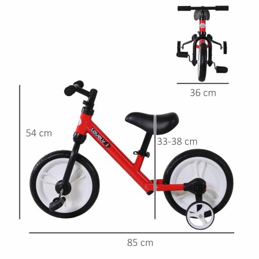 Bicicleta de Equilibrio con Pedales y Ruedas Entrenamiento Extraíbles de Asiento Regulable 33-38cm Niños +24 Meses Carga 25kg Rojo  [1]