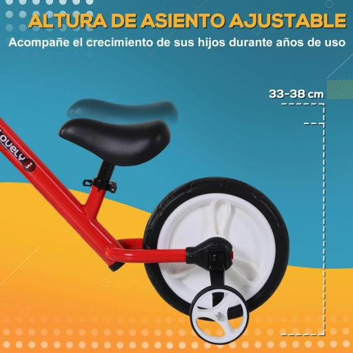 Bicicleta de Equilibrio con Pedales y Ruedas Entrenamiento Extraíbles de Asiento Regulable 33-38cm Niños +24 Meses Carga 25kg Rojo  [3]