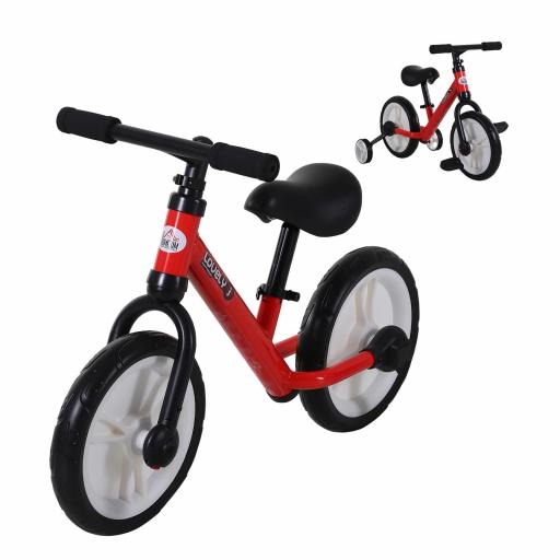 Bicicleta de Equilibrio con Pedales y Ruedas Entrenamiento Extraíbles de Asiento Regulable 33-38cm Niños +24 Meses Carga 25kg Rojo  [2]