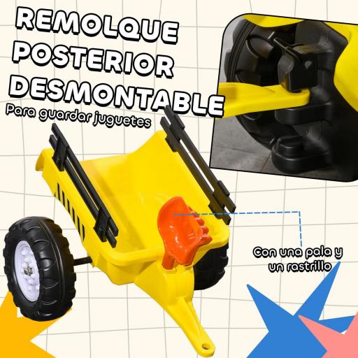 Tractor a Pedales para Niños a partir de 3 Años con Remolque y 2 Herramientas Carga 35 kg 133x42x51 cm Amarillo [5]